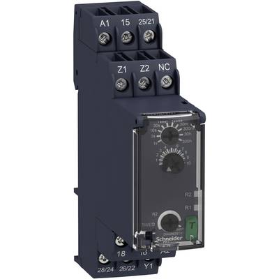 'Schneider Electric tijdrelais met draaiknop, indicatoren voor R1 en R2, en meerdere aansluitklemmen bovenaan.'