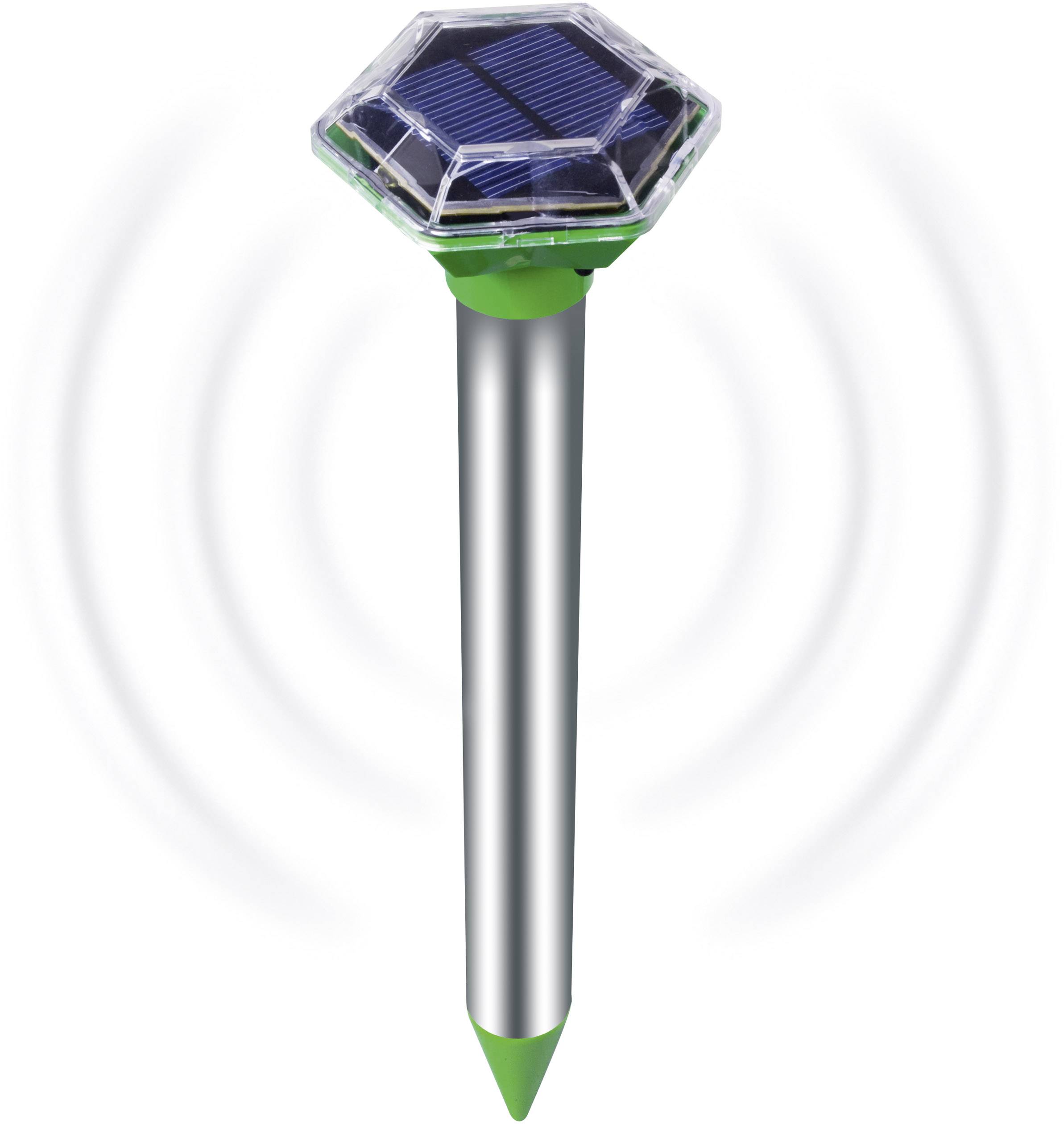 Een zonne-energiegevoed mollenverdrijver met een zeshoekig zonnepaneel bovenaan en een scherp, groen uiteinde om in de grond te bevestigen.