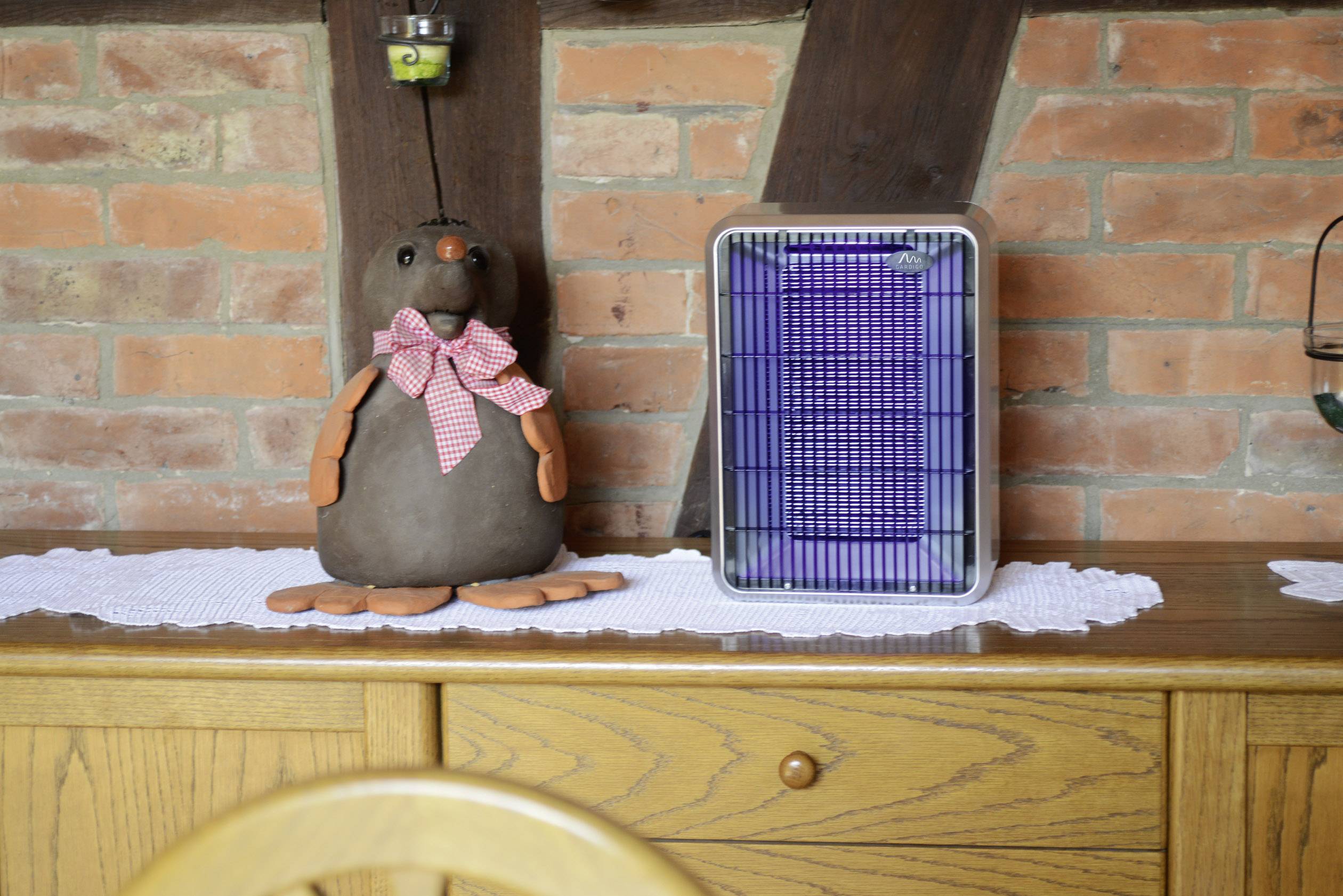 Pluchen mol met geruite sjaal zit op houten tafel naast paarse insectenverdelger. Achtergrond: bakstenen muur met houten details.