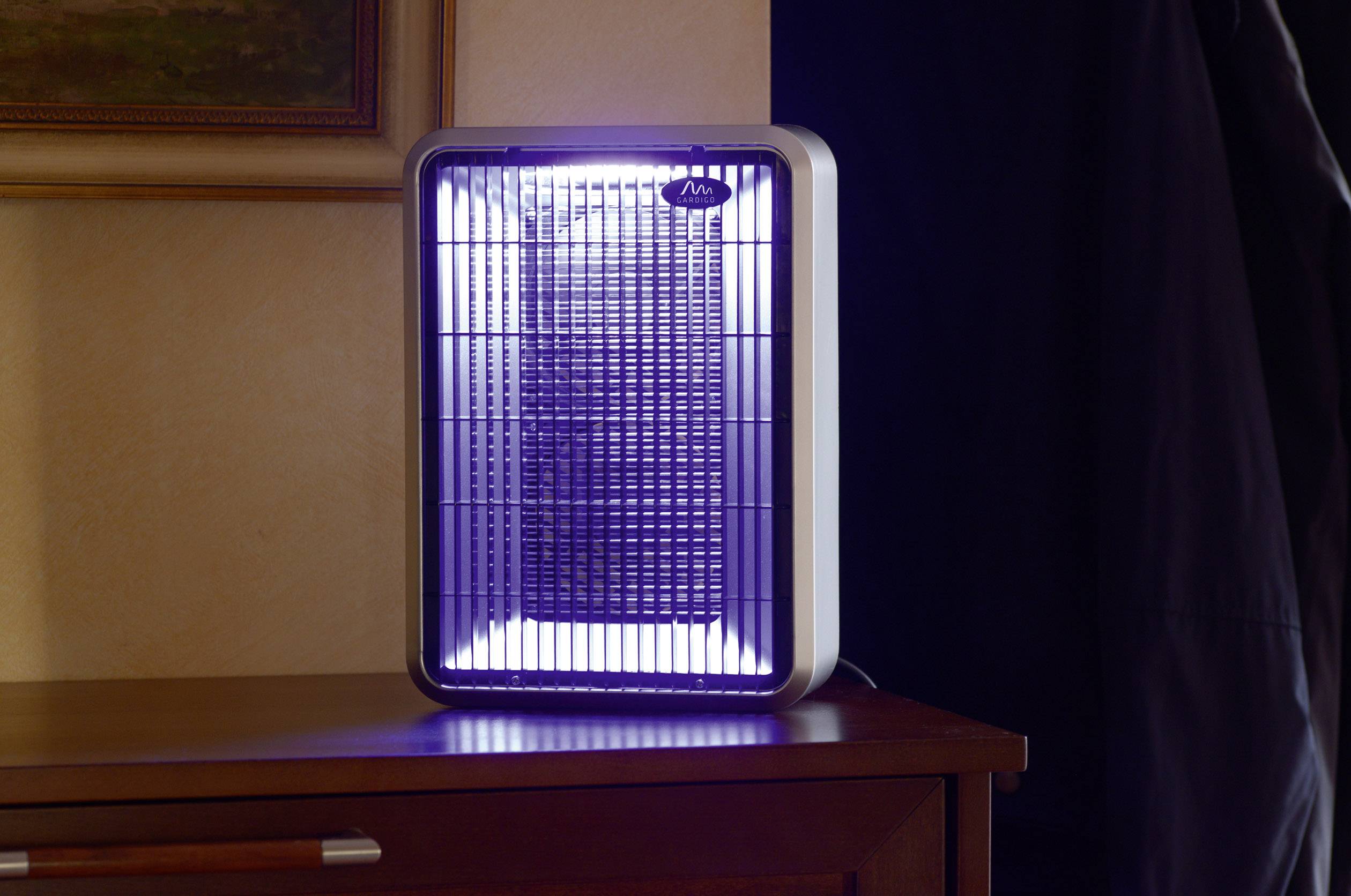 Een elektrische insectenverdelger staat op een houten tafel. Hij licht op, trekt insecten aan en vangt deze met een elektrisch rooster.