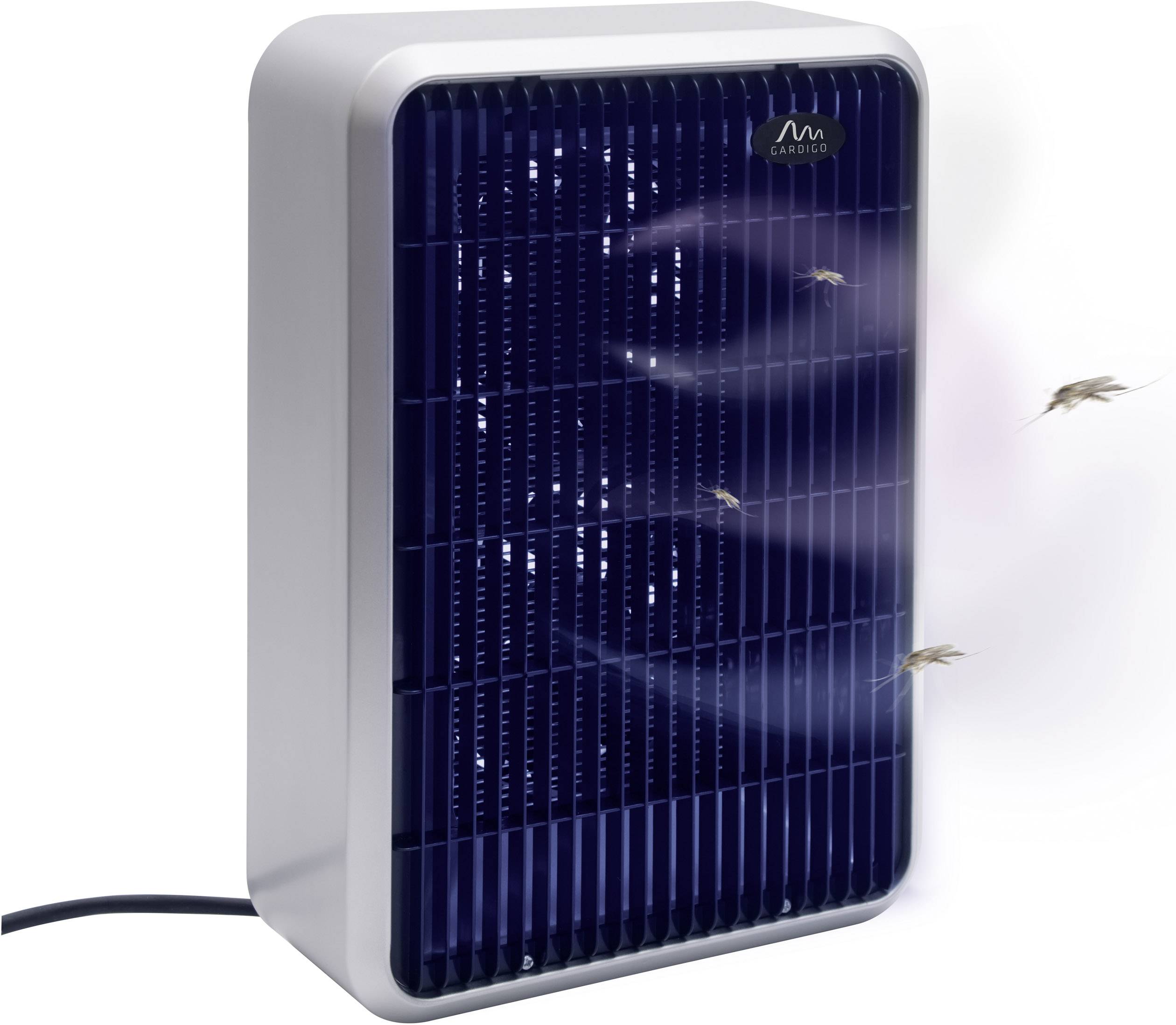 Elektrische insectenverdelger met paars licht, omringd door vliegende insecten. Apparaat is rechthoekig met zichtbaar stroomkabel.