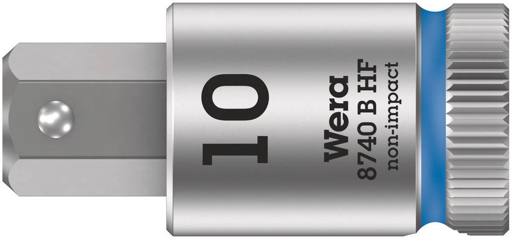 'Wera 8740 B HF non-impact' dopsleutel met zeskantprofiel, maat 10, blauw-grijs ontwerp, geschikt voor handmatige toepassingen.