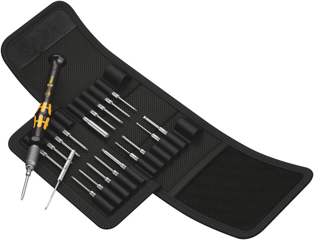 Gereedschapsset met precisie schroevendraaiers en bits in een zwarte etui, geschikt voor reparatiewerkzaamheden aan elektronische apparaten.