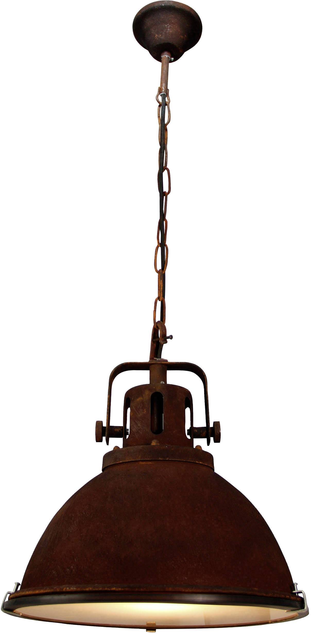 Een industriële hanglamp met een roestig metaalfinish en kettingophanging die naar beneden schijnt. Geschikt voor loft-interieur.