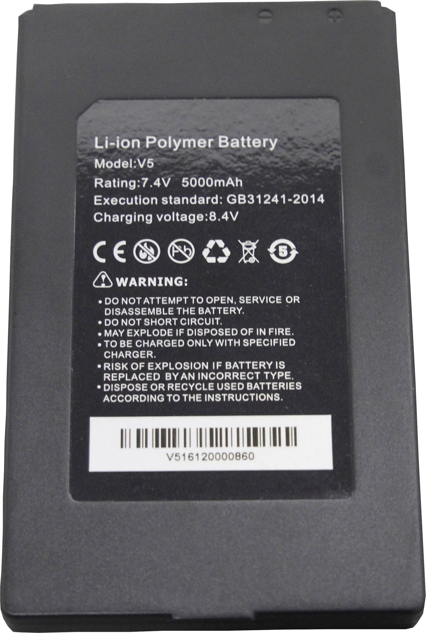 Li-ion Polymeer Batterij met 7,4V en 5000mAh. Bevat recyclingsymbolen en waarschuwingen zoals 'Niet openen of kortsluiten'.