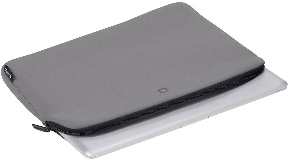 Een grijze laptophoes met rits, gedeeltelijk open, toont een laptop die in de hoes wordt geschoven.