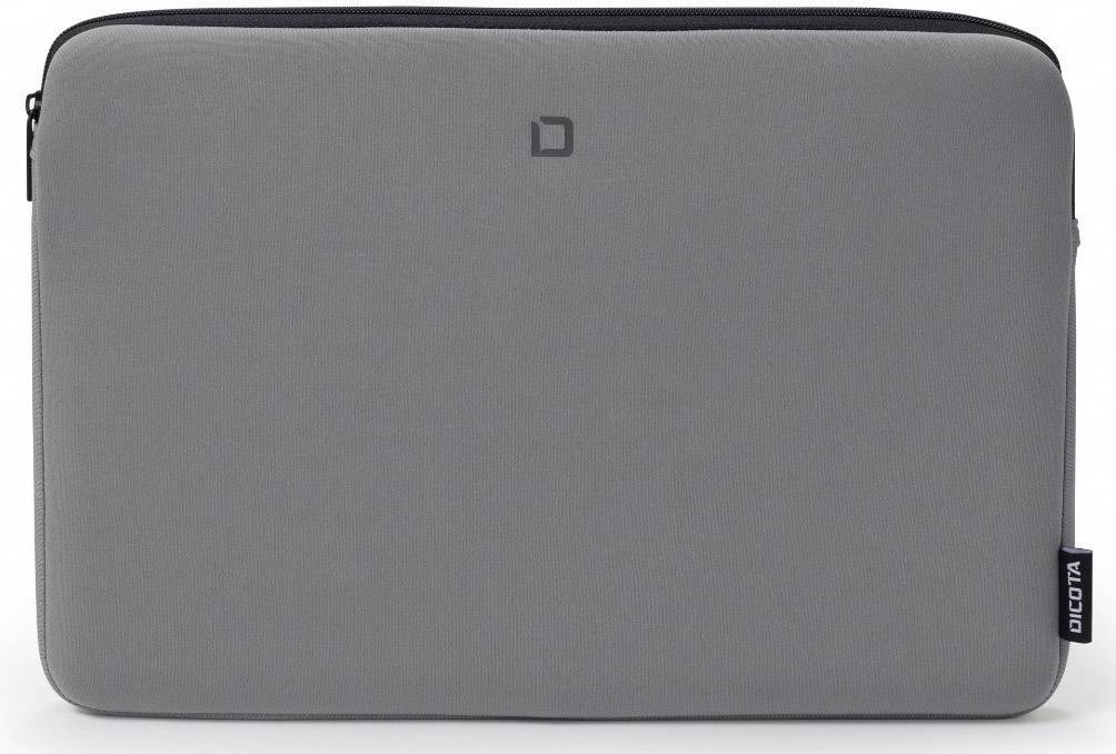 Grijze stoffen laptoptas met rits, minimalistisch ontwerp, klein zwart merklogo bovenaan.