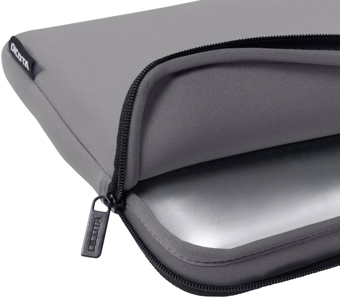 Grijze laptoptas met rits, gedeeltelijk open, toont zilveren laptop in de tas.