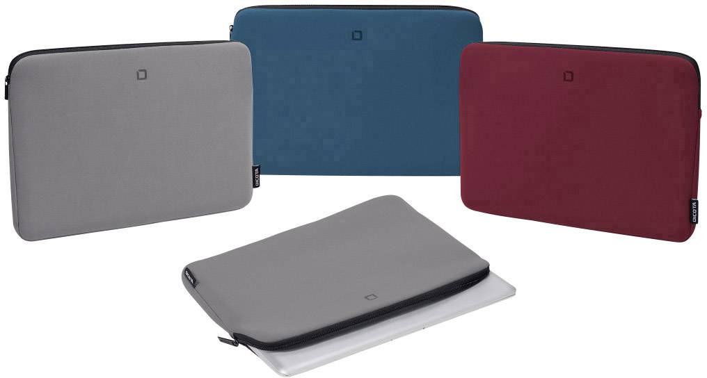 Vier laptophoezen in grijs, blauw en rood. Eén hoes toont een laptop die half wordt uitgetrokken. Alle hoezen zijn rechthoekig met een rits.