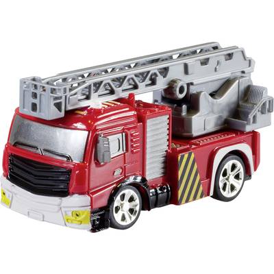 Speelgoed-brandweerwagen van kunststof met uittrekbare ladder in grijs en rode carrosserie, op witte achtergrond.