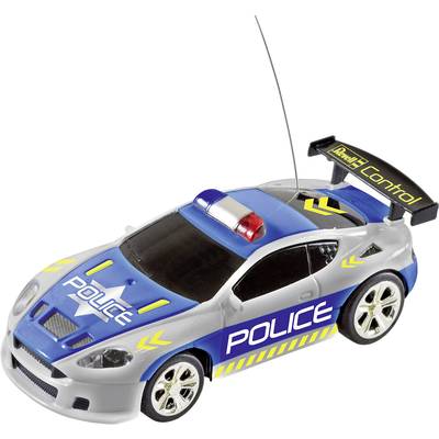 Speelgoed politieauto met afstandsbediende antenne, blauwe en zilveren lak en politie-opschrift aan de zijkant.