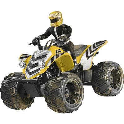 Een gele speelgoed-quad met een bestuurdersfiguur op modderige, grote banden. De tekst 'Dust Racer' is aan de zijkant zichtbaar.