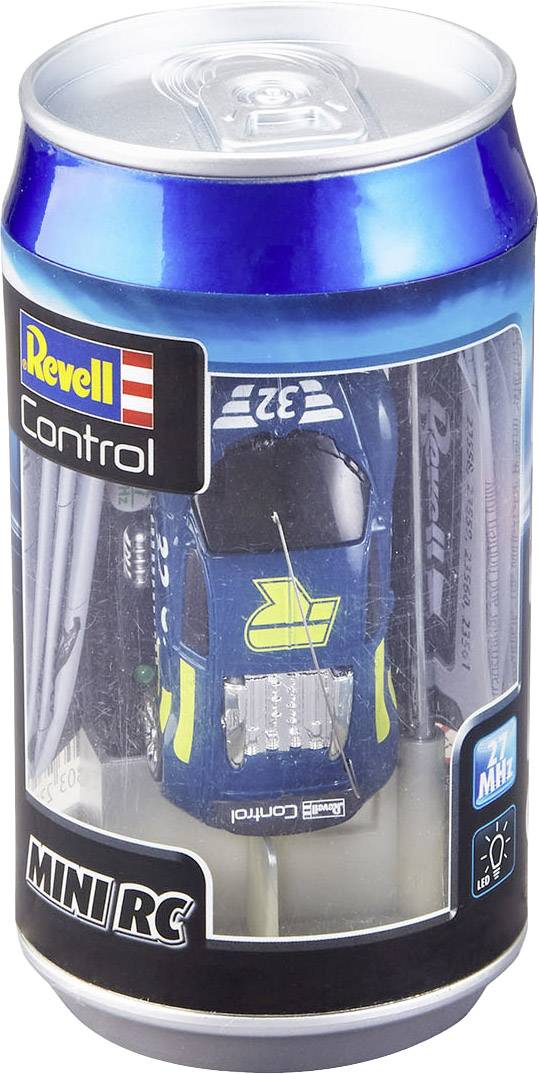 Een verpakking in de vorm van een drankblik toont een afstandsbediend miniatuur-autootje, merk 'Revell Control', detail '27 MHz'.