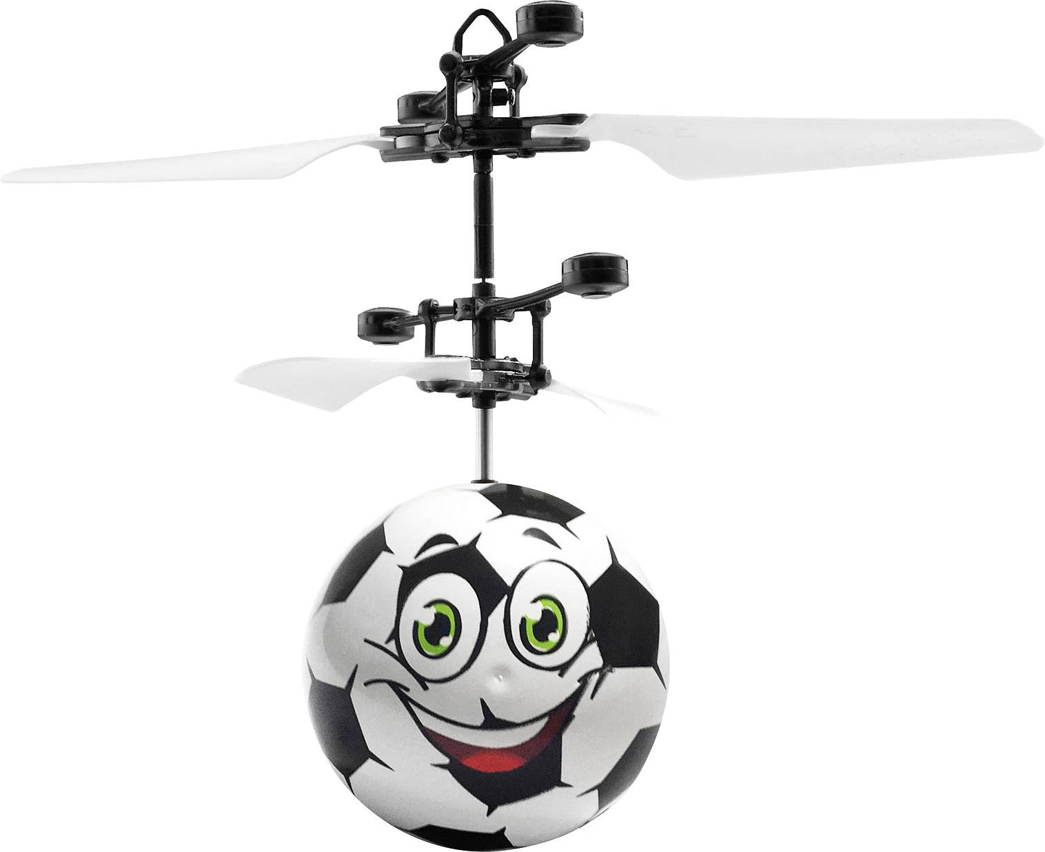 Een helikopter met een voetbal als hoofdlichaam en een lachend gezicht vliegt in de lucht.