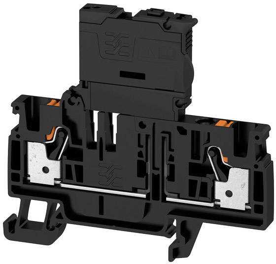 Een zwarte, elektrische aansluitblok voor montage op een DIN-rail, met metalen onderdelen en oranje elementen voor draadaansluiting.