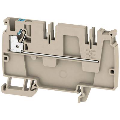 Afbeelding van een elektrische klem in beige met metalen contact en schroefbevestigingssysteem. Gebruikt voor het veilig verbinden van geleiders.