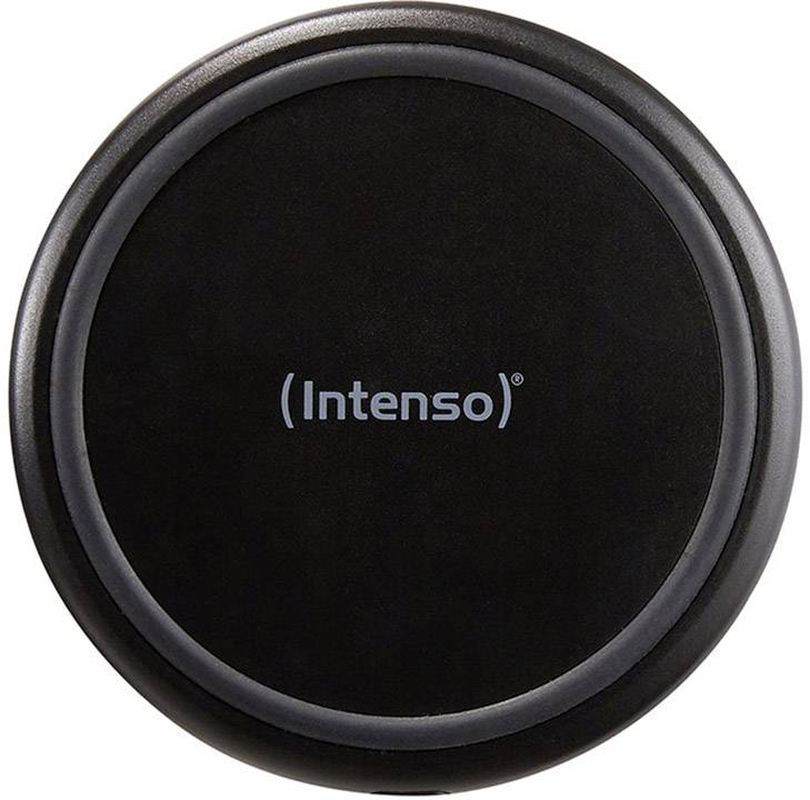 Zwarte ronde powerbank met de opdruk 'Intenso' in het midden.