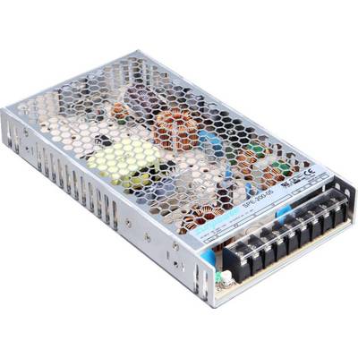 Een zilveren schakelvoeding in een open behuizing, met zichtbare elektronische componenten zoals spoelen en condensatoren. Geschikt voor een maximaal vermogen van 200W.