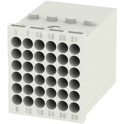 Een rechthoekige, witte stekkerblok met 36 ronde gaten, gerangschikt in een 6x6-configuratie, genummerd van 1 tot 36 langs de randen.