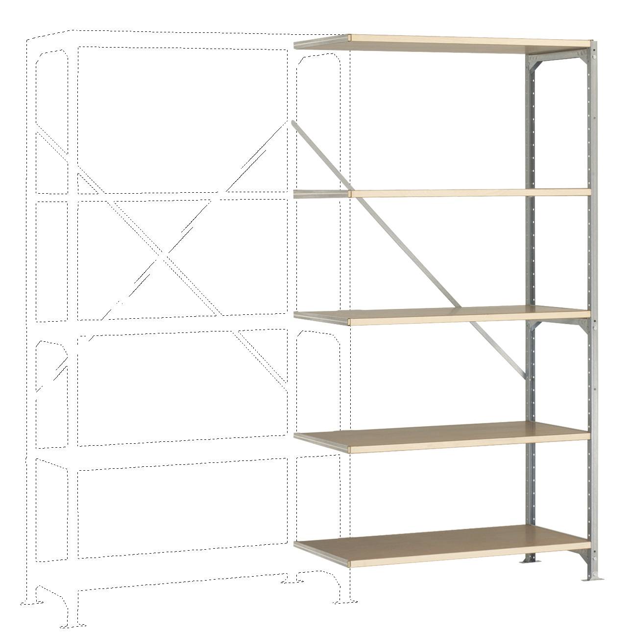 Een stabiel metalen rek met vijf houten planken. Links daarnaast is de gestippelde omtrek van een aanvullend, symmetrisch regalgedeelte zichtbaar.