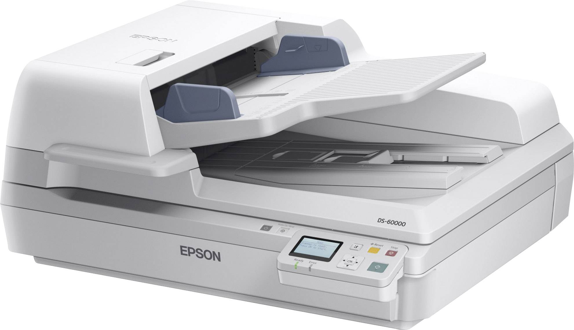Een Epson flatbedscanner met open documentinvoer, toetsenbord en display. Geschikt voor het scannen van documenten.