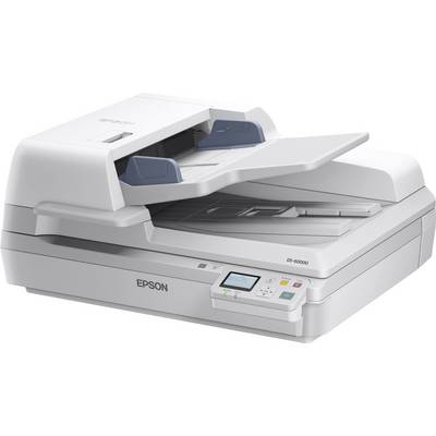 Een Epson flatbedscanner met open documentinvoer, toetsenbord en display. Geschikt voor het scannen van documenten.