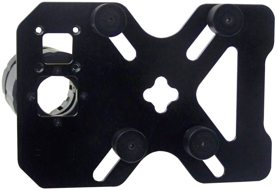 Metalen plaat met meerdere ronde en vierkante gaten, evenals bevestigingsbeugels, vermoedelijk onderdeel van een technisch apparaat of steun.