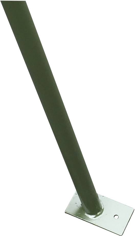 Groene metalen paal met rechthoekige voet voor bevestiging, waarschijnlijk bedoeld als onderdeel van een hekwerk.