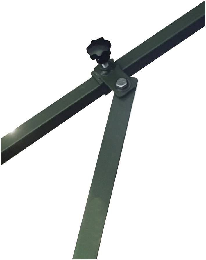 Metalen frame met een draaiknop voor hoogteregeling, waarschijnlijk onderdeel van een steunconstructie of standaard.