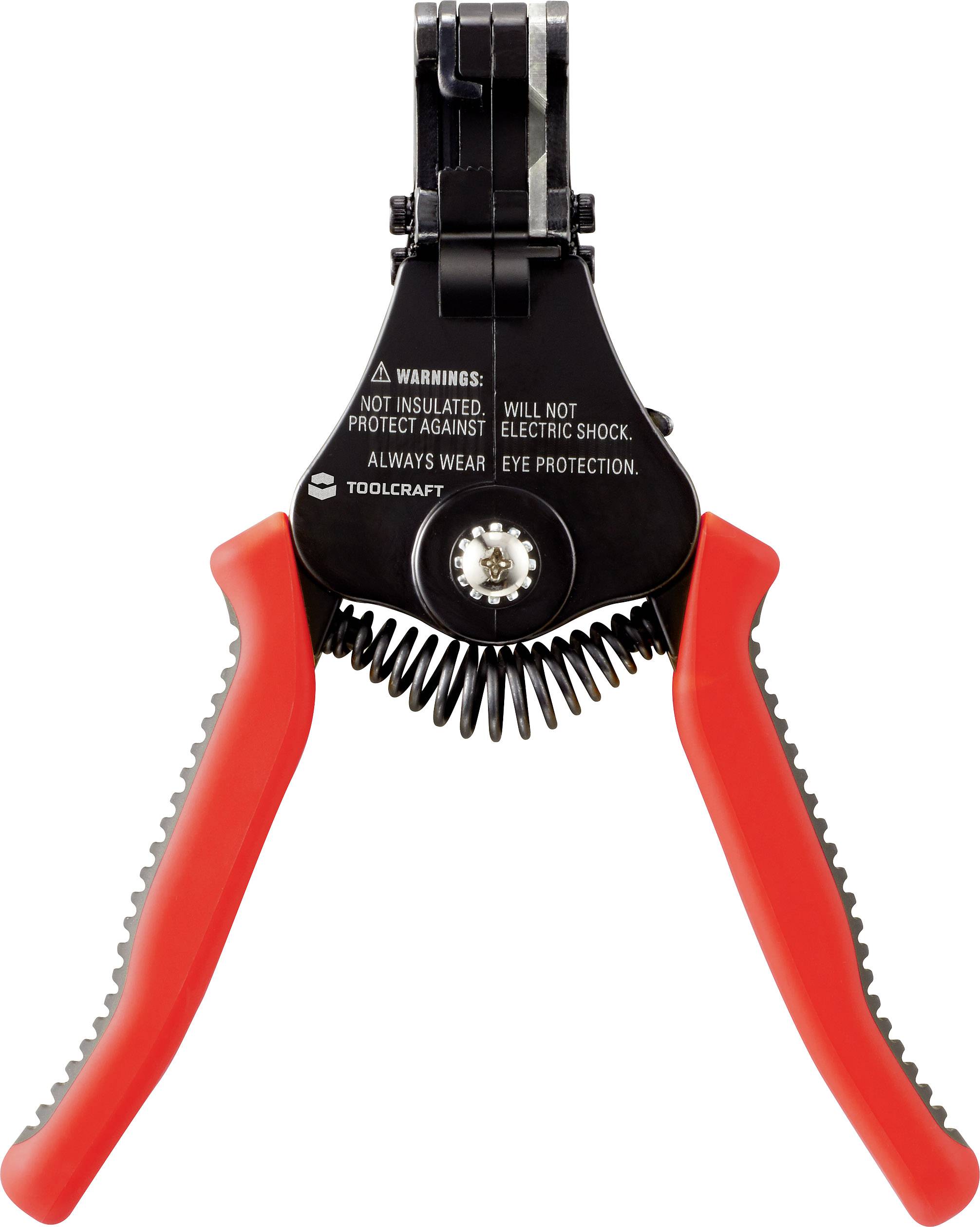 Een striptang met rode handgrepen. Opdruk waarschuwt voor elektrische schok en beveelt oogbescherming aan.