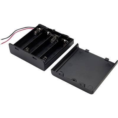 Batterijvak van zwart kunststof voor drie AA-batterijen, met open deksel en rode en zwarte kabels.