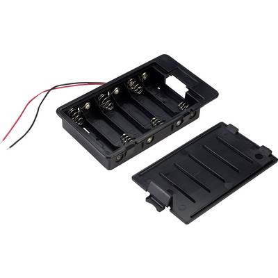 Zwart batterijvak voor vier AA-batterijen met verwijderde deksel, toont de binnenliggende metalen veren en uitstekende draden.