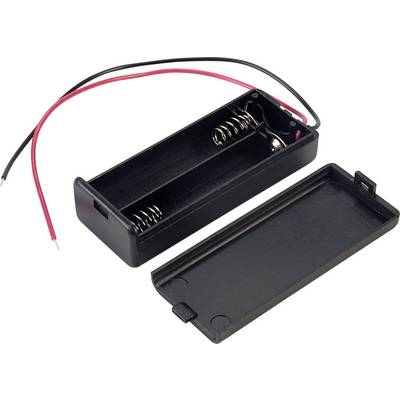 Batterijhouder van kunststof met twee spiraalveren en een verwijderbaar deksel, voorzien van twee kabels in rood en zwart voor de elektrische aansluiting.