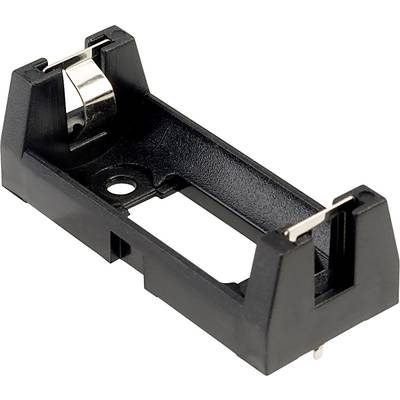 Zwarte batterijhouder voor een AA-batterij, aan de zijkant voorzien van metalen klemmen, op een witte achtergrond.
