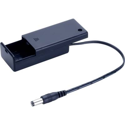 Een zwart batterijvak met kabel en stekker, geschikt voor de stroomvoorziening van elektronische apparaten.