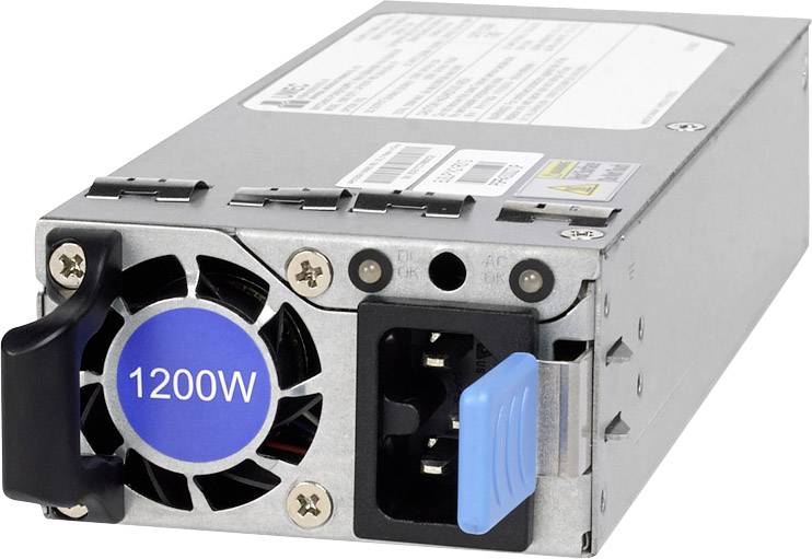 Een zilveren server-voedingsapparaat met een blauw etiket '1200W'. Het beschikt over een ventilator en aansluitingen voor de stroomvoorziening.
