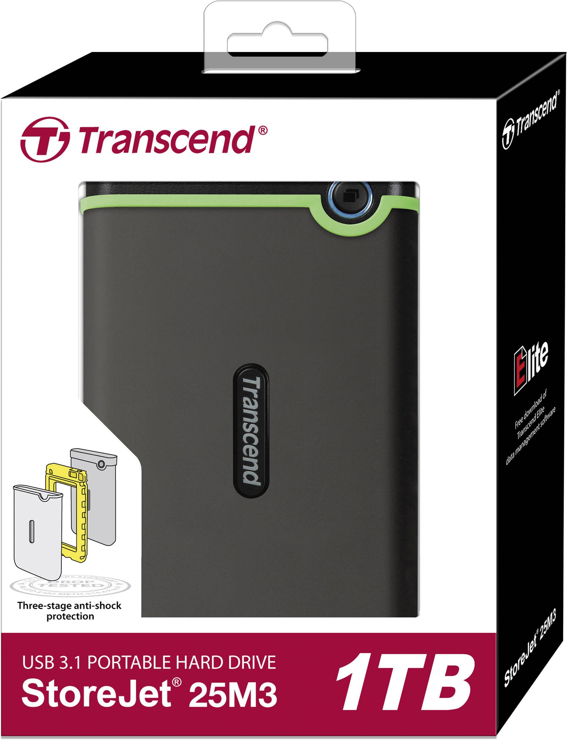 Externe harde schijf Transcend StoreJet 25M3 met 1 TB opslag en drievoudige schokbestendige bescherming, afgebeeld in een verpakking.