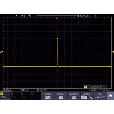 'Oscilloscoopscherm toont een enkele spanningspuls met een amplitude van 2 V bij 1 MHz'