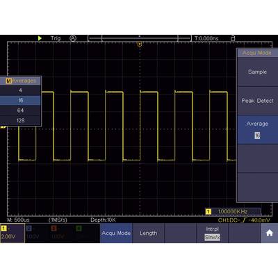Oscilloscoopweergave van een rechthoeksignaal met menu voor het selecteren van gemiddelden. Frequentie: 100 kHz, gemiddelde: 16, amplitude: 2 V.