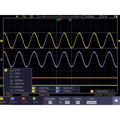 Oscilloscoopbeeld met twee golvende lijnen. De bovenste geel, de onderste blauw. Delta-waarden in een vak linksonder: Δy 2,10V, Δx 1000ms. Frequentie van beide signalen: 1000kHz.