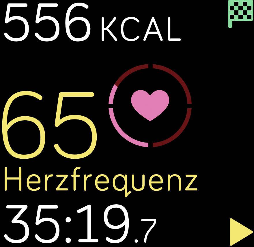 '556 KCAL', '65 Hartslag', '35:19.7'. Display op smartwatch toont calorieënverbruik, hartslag en tijdsduur tijdens een activiteit.