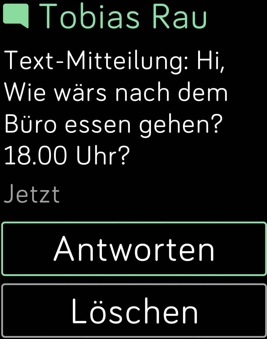 'Tobias Rau' stuurt een bericht: 'Hoi, zin om na kantoor te gaan eten? 18.00 uur?' Opties: 'Beantwoorden' of 'Verwijderen'.