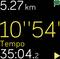 Hardloop-app scherm toont: Afstand 5,27 km, Tijd 35:04,2 minuten, Tempo 10'54" per km.
