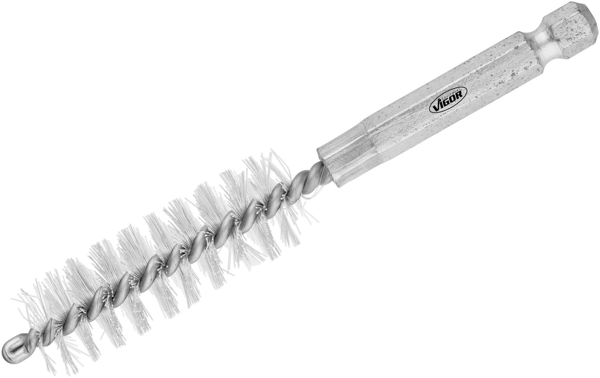 Een metalen burstenwisser met witte borstels en een gestructureerde handgreep, voornamelijk gebruikt voor het reinigen van buizen of nauwe ruimtes.