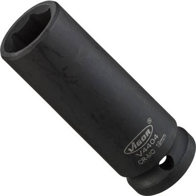 Een zwarte steeksleutelopzetstuk van het merk Vigor, modelnummer V4404, vervaardigd uit CR-MO-staal, met een maat van 19 mm.