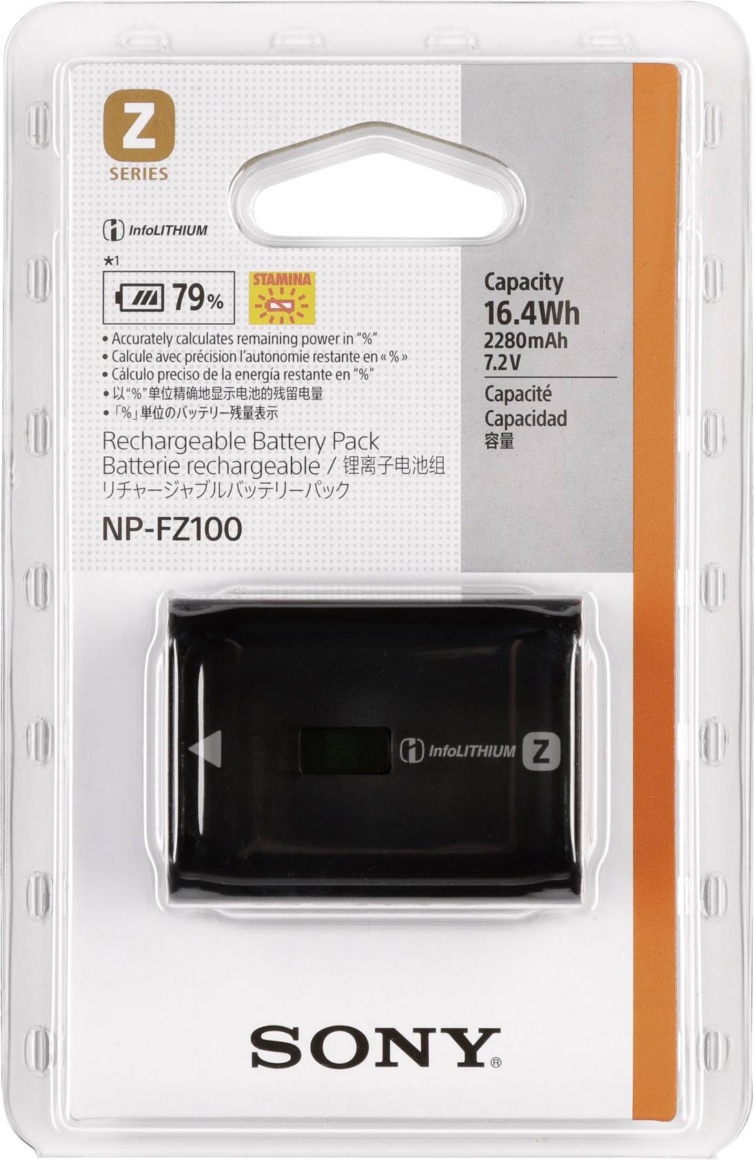 Vervangende accu Sony NP-FZ100, 16,4Wh, 2280mAh, 7,2V, voor camera's. In originele verpakking met productdetails gedrukt.