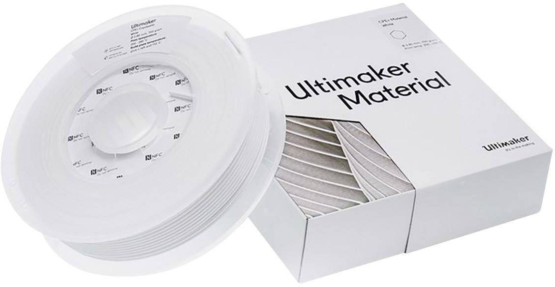 Een witte spoel met 3D-printmateriaal 'Ultimaker Material' naast de bijbehorende productverpakking, die open staat.