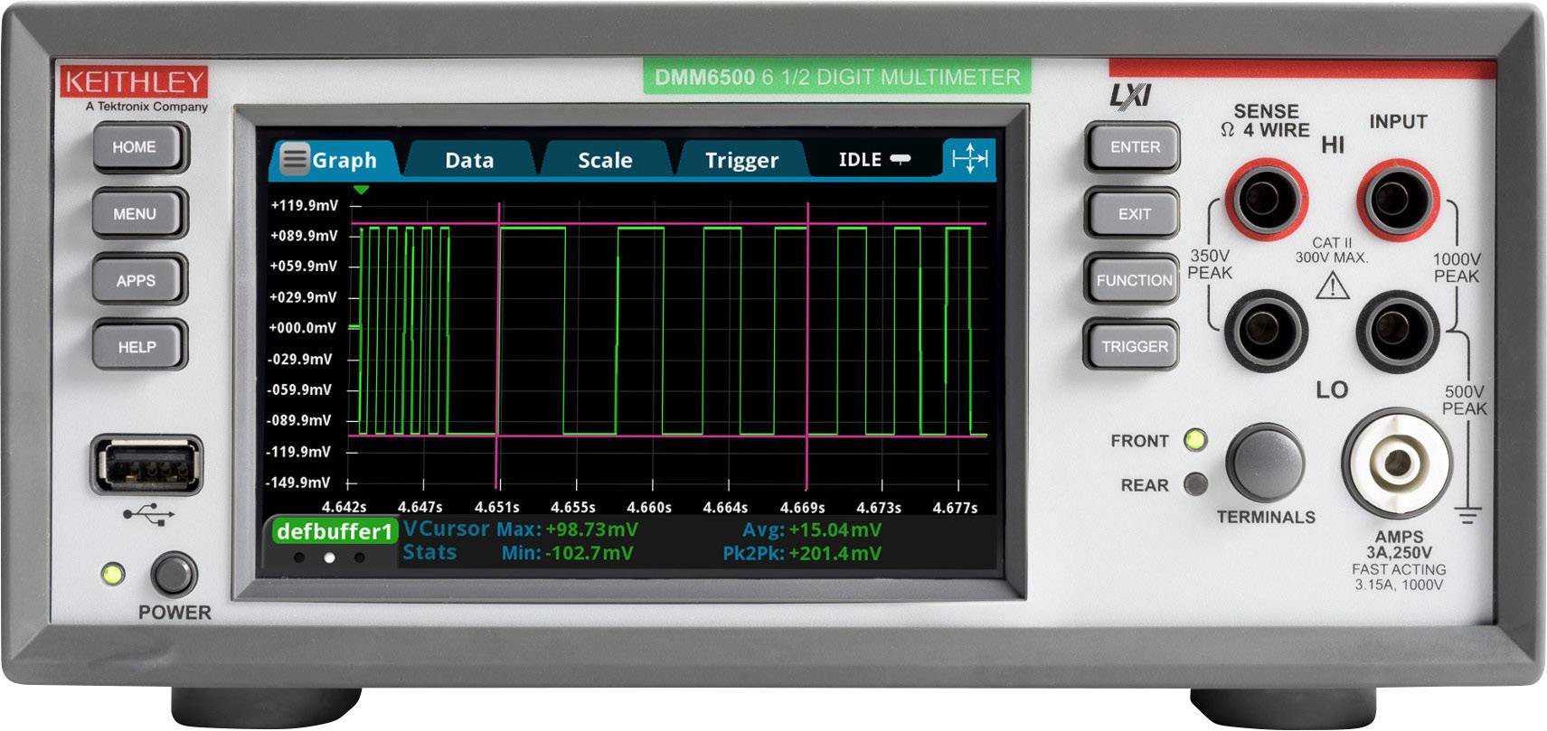 'Digitale multimeter met meetscherm, talrijke knoppen en aansluitingen. Hoofddisplay toont een oscilloscoopweergave.'