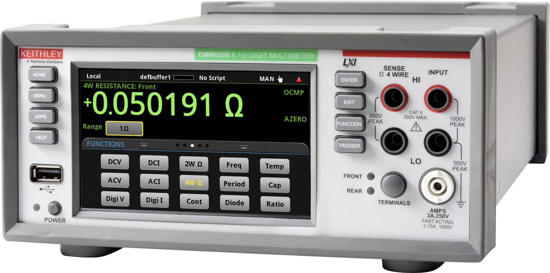Elektronisch meetapparaat met display dat een weerstandswaarde van 0,050191 ohm weergeeft. Verschillende bedieningselementen en aansluitingen zijn zichtbaar.