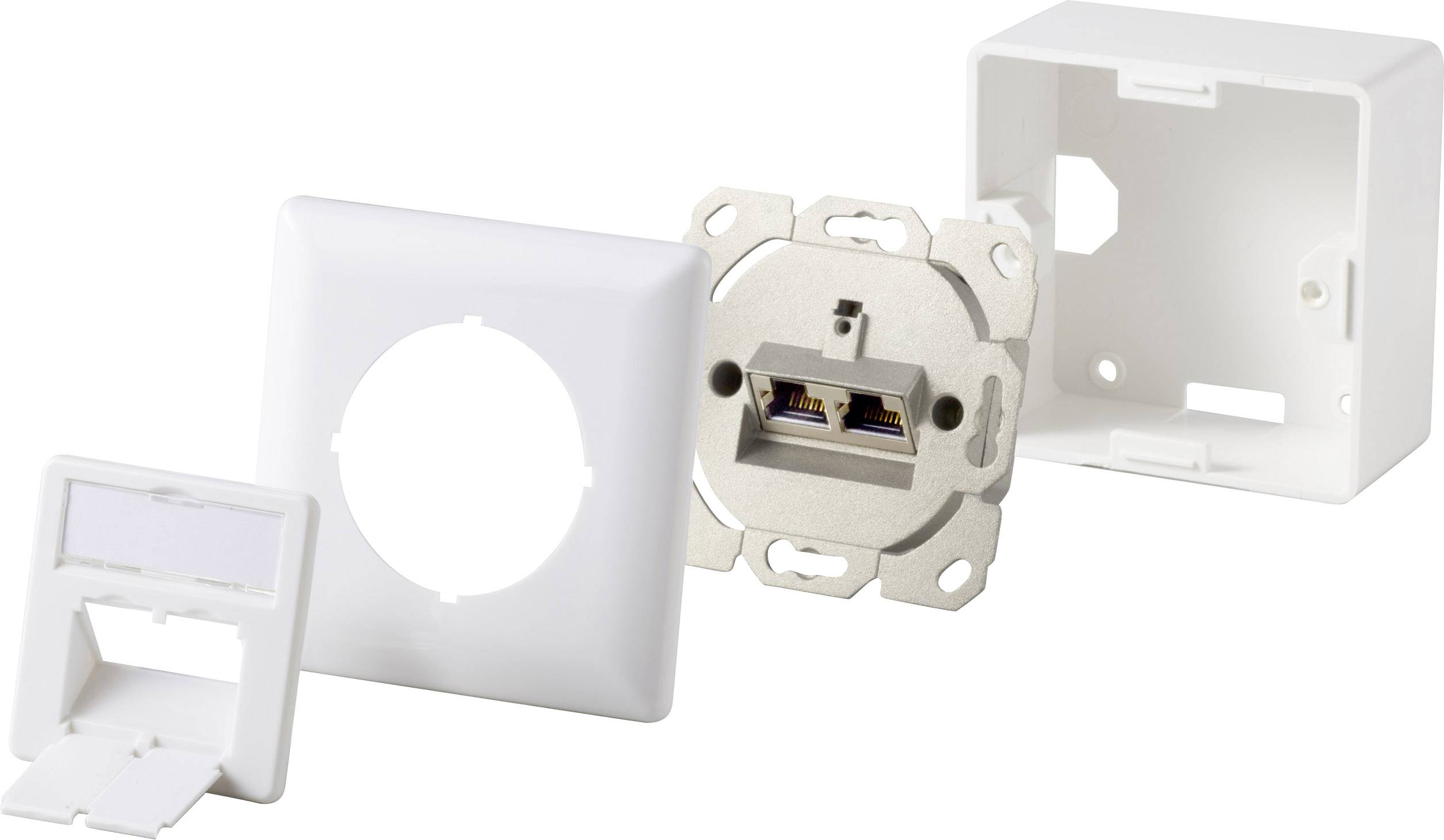 Een netwerkaansluiting bestaat uit een inbouwdoos, twee RJ45-poorten op een module en een afdekplaat, allemaal los van elkaar.